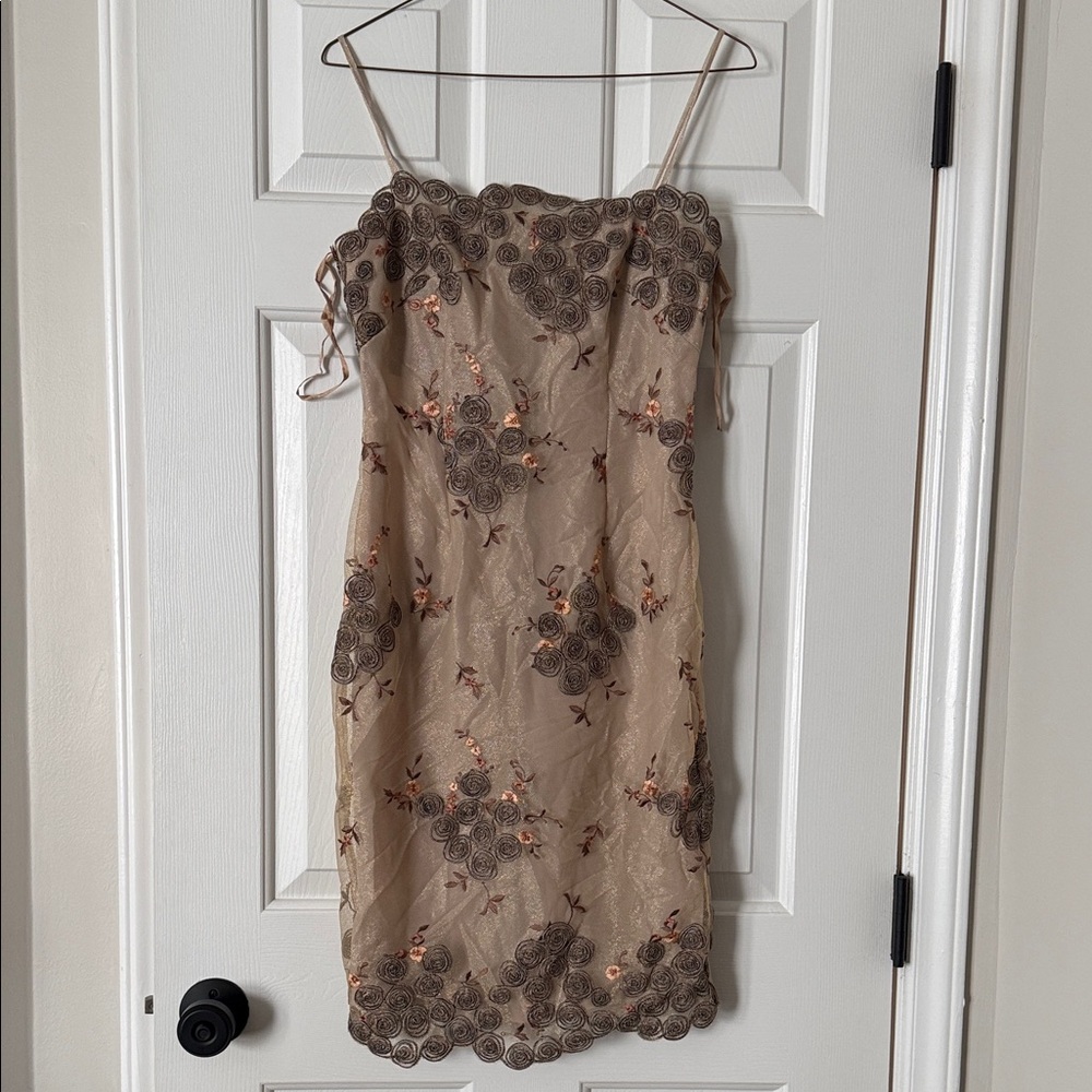 Elegant Embroidered Beige, Bronze, Copper Knee Length Dress from Nordstrom